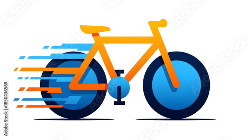 Fast bicycle icon with dynamic motion lines, orange and blue flat vector illustration of speed, cycling, and healthy lifestyle