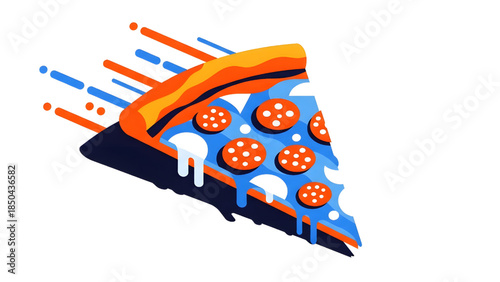 Salami pizza slice with dynamic motion lines and melting cheese, flat vector illustration of fast food delivery and takeaway concept