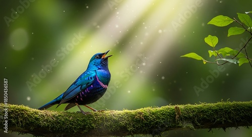 Colorful iridescent bird perched on a mossy branch singing in sunlight animal beautiful