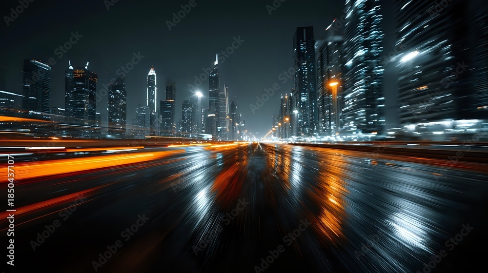 Obraz premium Urban night scene with motion blur light trails on wet city street surrounded by illuminated skyscrapers creating dynamic speed effect for modern design.