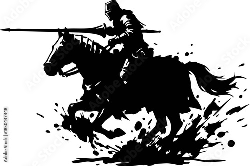 Medieval Knight Jousting Silhouette. Ink Splatter Vector for Year of the Horse 2026