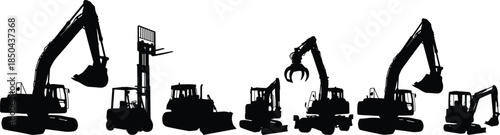 Construction machinery silhouettes set, excavator bulldozer forklift crane, heavy equipment icons, industrial vehicles, black silhouettes, isolated on white background