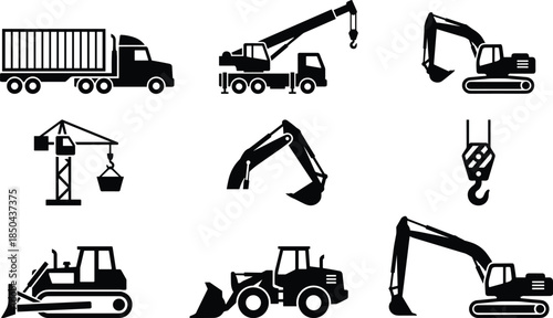 Construction machinery silhouettes icons set, crane truck excavator loader bulldozer dump truck, heavy industrial vehicles, black vector collection, isolated white background
