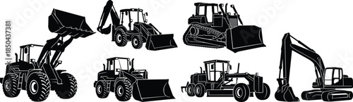 Construction machinery, silhouettes, heavy equipment, loaders, bulldozer, grader, excavator, vehicles, industrial, earthmoving, machines, vector,  