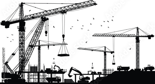 Construction site silhouette panorama, multiple tower cranes, heavy machinery, building development, industrial landscape, engineering infrastructure, urban growth, vector illustration