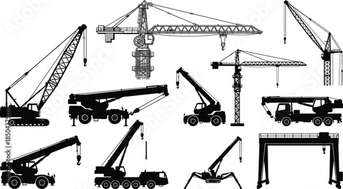 Crane, silhouettes, construction, machinery, lifting, equipment, industrial, tower, mobile, crawler, truck, hook, boom, vector, icons, black, isolated, white, background, set