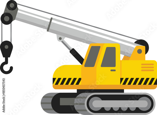Crawler crane illustration, tracked hydraulic lifting machine with hook, heavy construction equipment icon isolated on white background vector