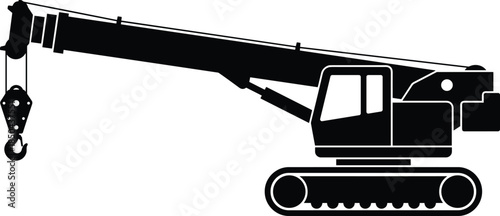 Crawler crane silhouette, tracked hydraulic lifting machine with hook, heavy construction equipment icon isolated on white background vector