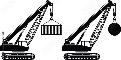 Crawler crane silhouettes, lifting shipping container and wrecking ball, heavy construction machinery icons isolated on white background vector flat illustration