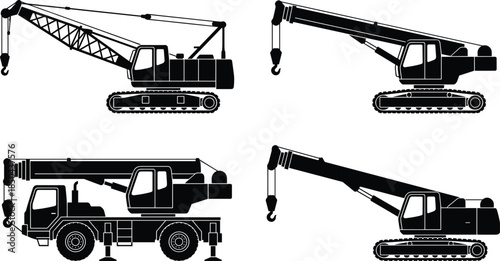 Crawler, crane, silhouettes, construction, machinery, heavy, equipment, lifting, vehicle, industrial, hook, boom, tracked, truck, vector, icons, black, isolated, white, background