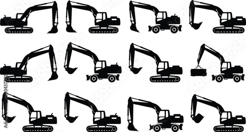 Excavator silhouette icon set, construction machinery collection, heavy equipment symbols, digging machines, industrial vehicle illustrations, black isolated vector icons