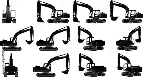 Excavator silhouettes collection, crawler digger in multiple angles and working poses, heavy construction machinery icons, industrial earthmoving equipment set