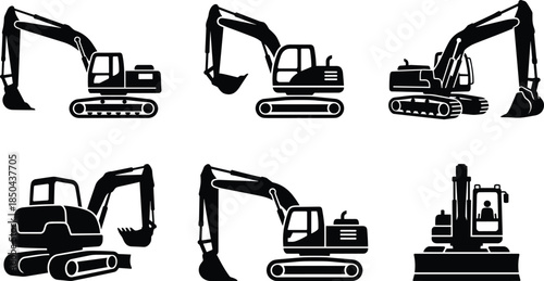 Excavator silhouettes set, construction digging machinery icons, heavy industrial equipment, crawler excavators, black vector illustrations, isolated on white background