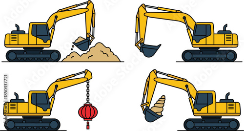 Excavator working actions illustration set, construction digging and lifting machines, hydraulic crawler equipment, earthmoving operations, colorful vector icons, isolated white background