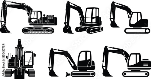 Excavator silhouettes set, heavy construction machinery icons, industrial digging equipment, crawler excavators, black vector illustrations, isolated on white background