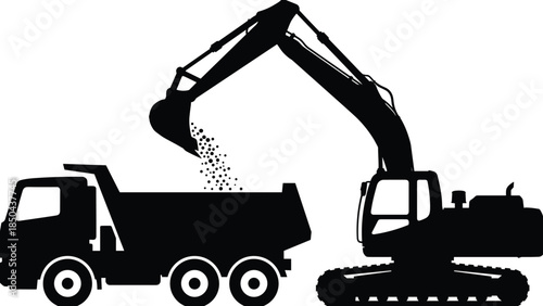 Excavator, loading, dump, truck, silhouettes, construction, machinery, earthmoving, heavy, equipment, mining, industry, transport, worksite, vector, illustration, set, isolated, white