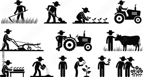 Farmer, agriculture, silhouettes, farming, planting, harvesting, tractor, livestock, gardening, rural, work, tools, crops, field, countryside, vector, illustration, set, isolated, white