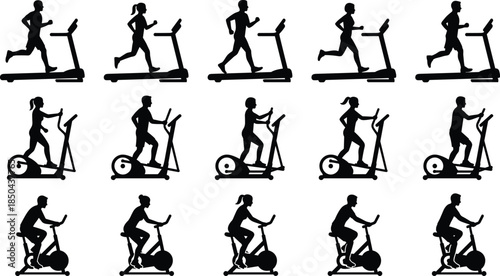 Fitness exercise machine silhouettes set, treadmill running, elliptical trainer, stationary cycling, gym workout people, cardio training, vector illustration, icons, collection