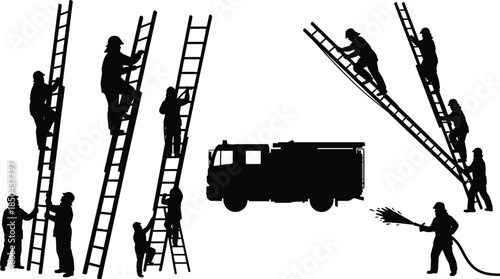 Firefighter, silhouettes, ladder, rescue, fire, truck, emergency, response, team, safety, climbing, equipment, protection, service, action, vector, illustration, set, isolated, white