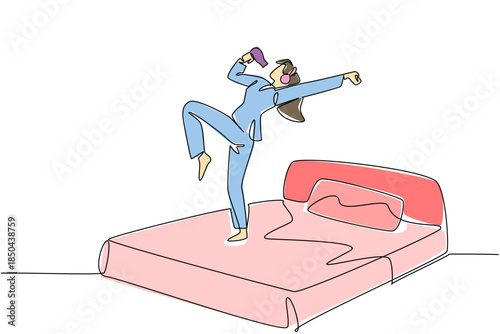 Single continuous line drawing a woman in pajamas wear headphone stands on a bed hold a hair dryer used as a mic. Evening routine before bed. National Sing Out Day. One line design vector illustration
