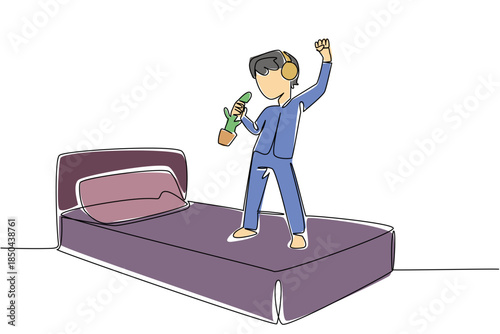 Single continuous line drawing a boy wear headphone standing on a bed hold a toy cactus in a pot. Dream of becoming a rock star. Ambition. National Sing Out Day. One line design vector illustration