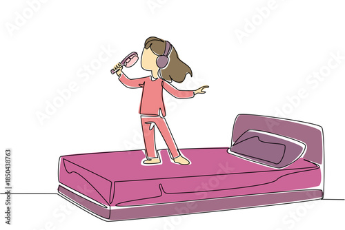 Single one line drawing girl wearing headphones standing on bed holding comb as mic. Graceful style like an opera singer. Dream. National Sing Out Day. Continuous line design graphic illustration