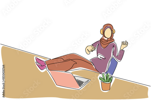 Single one line drawing Arab woman wear headphone sits on a chair with hands forms a gesture as plays guitar. Freedom of expression. National Sing Out Day. Continuous line design graphic illustration