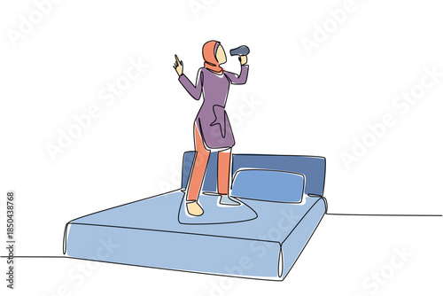 Single one line drawing Arab woman wear headphone stands on the bed and hold a hair dryer while singing. Self improvement. Bedroom. National Sing Out Day. Continuous line design graphic illustration