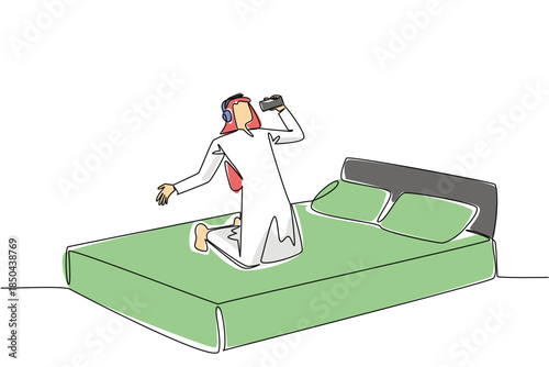 Continuous one line drawing Arab man wear headphone sits on bed and hold smartphone as mic while singing. Like solo concert. Soloist. National Sing Out Day. Single line draw design vector illustration