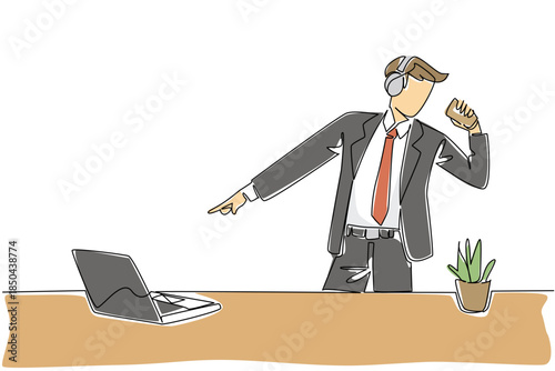 Single one line drawing businessman stands wear headphone and holds coffee paper cup as mic. Excitement like being at music concert. National Sing Out Day. Continuous line design graphic illustration