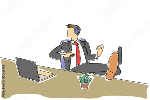 Single one line drawing businessman wear headphone sits on a chair with hands forms a gesture as plays guitar. Humming during break. National Sing Out Day. Continuous line design graphic illustration