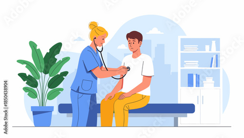 Doctor examining patient in clinic with stethoscope