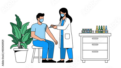 Doctor administering vaccine to patient wearing mask