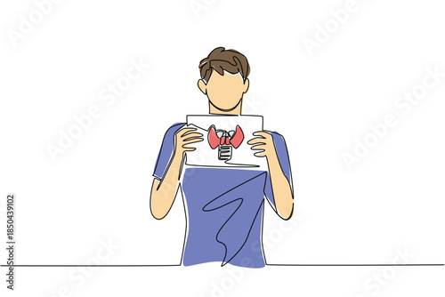 Continuous one line drawing a man in casual clothes holds a paper with a mockup of a thyroid gland with both hands. Therapy. Sickness. World Thyroid Day. Single line draw design vector illustration
