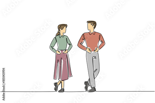 Continuous one line drawing a man and a woman stand with their hands and feet forming a gesture. Building chemistry. Amazing show. National Tap Dance Day. Single line draw design vector illustration
