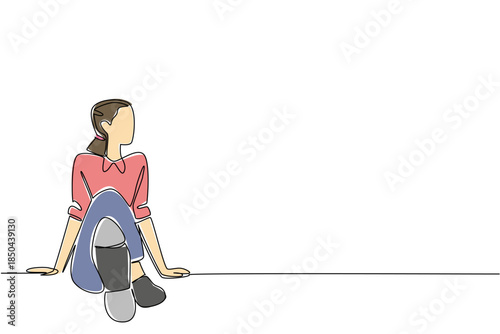 Single continuous line drawing a woman wear tap dance shoes sitting with her legs stretched out. Take a break before the next performance. National Tap Dance Day. One line design vector illustration