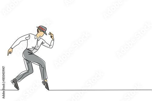 Photography Single one line drawing a man wearing a white long sleeve shirt, trousers and a hat posing
