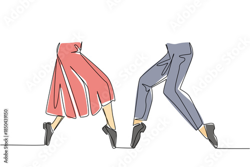 Single continuous line drawing 2 pairs of feet wearing tap dance shoes and their feet posing. Stunning performance. Rhythmic. Elegant. National Tap Dance Day. One line design vector illustration