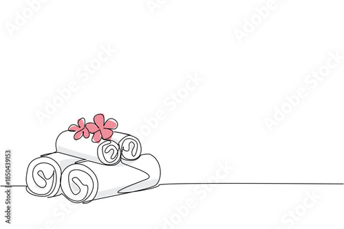 Single one line drawing white towels rolled up and stacked with pink flowers on top. Clean towels prepared for special guests at the hotel. Towel Day. Continuous line design graphic illustration