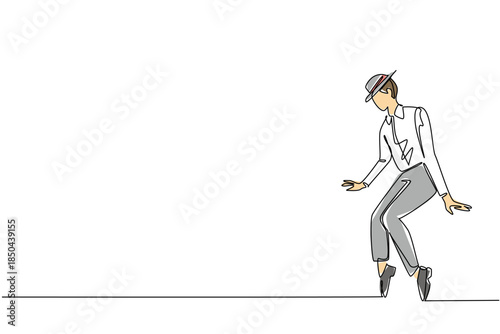 Single continuous line drawing a man wearing a white long sleeve shirt, trousers and a hat. Backing dancer for solo singer. Rhythmic. Fit. National Tap Dance Day. One line design vector illustration