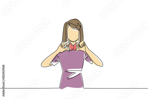 Continuous one line drawing a woman in casual clothes holds a thyroid gland mockup with both hands. Signs of an unhealthy thyroid gland. World Thyroid Day. Single line draw design vector illustration