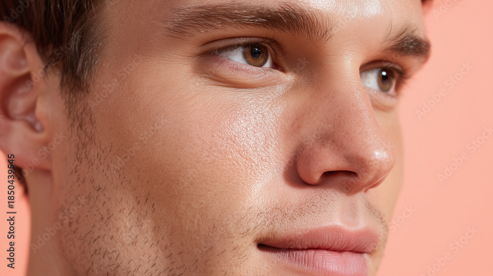 Fototapeta premium Close up male face with glass skin soft reflections clear pores smooth complexion natural look healthy skin youthful appearance subtle smile peach background relaxed mood