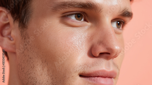 Close up male face with glass skin soft reflections clear pores smooth complexion natural look healthy skin youthful appearance subtle smile peach background relaxed mood