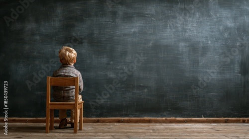 A young, fair-haired child sits alone on a wooden chair, facing a large, dark chalkboard in a vintage-styled room, back to camera