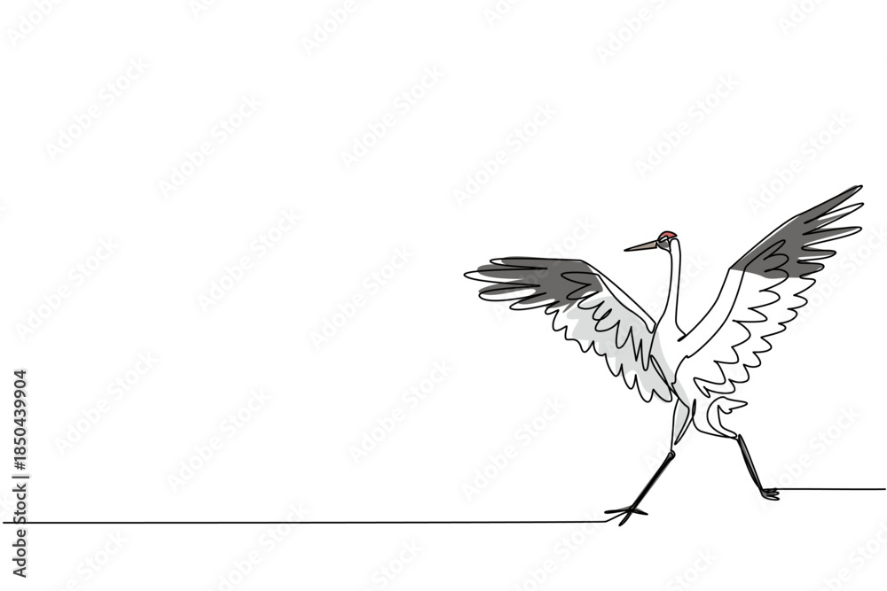 Fototapeta premium Single one line drawing whooping crane running with wings spread. Attacking posture to defend against predators. Defending the territory Whooping Crane Day. Continuous line design graphic illustration