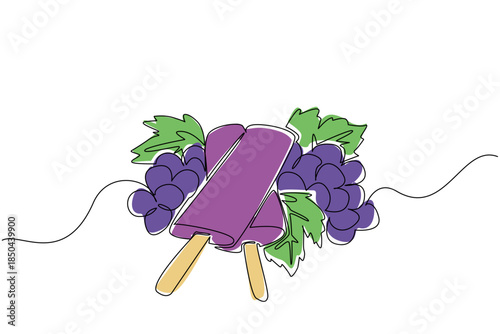 Continuous one line drawing 2 stacked grape popsicles and grapes with leaves. Enjoy the sweet and sour taste of grapes in popsicle. Grape Popsicle Day. Single line draw design vector illustration