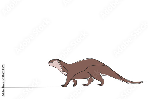 Single continuous line drawing otter is walking. Taking a leisurely stroll to find water to soak in. Adorable behavior during the summer. Wildlife. World Otter Day. One line design vector illustration