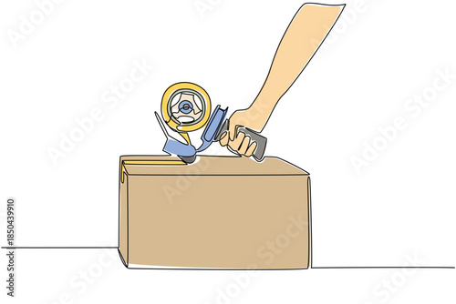 Continuous one line drawing hand is isolating a cardboard box using an insulating tool. Tools that make things easier. Gluing. National Cellophane Tape. Single line draw design vector illustration