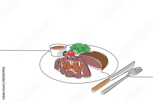 Single continuous line drawing sliced ​​brisket with barbecue sauce, broccoli and some tomatoes, knife and fork. A very delicious dinner. National Brisket Day. One line design vector illustration