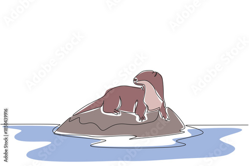Single one line drawing otter lying on a rock. Acclimatization when summer arrives. Adaptation to avoid dehydration. Watching the prey. World Otter Day. Continuous line design graphic illustration